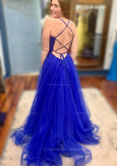 Formal Dresses Gown, A-line V Neck Spaghetti Straps Court Train Tulle Prom Dress With Split