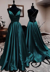 Party Dress Trends, A-line V Neck Spaghetti Straps Long/Floor-Length Charmeuse Prom Dress With Pleated