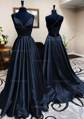 Party Dresses Ladies, A-line V Neck Spaghetti Straps Long/Floor-Length Charmeuse Prom Dress With Pleated