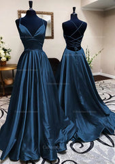 Party Dresses Long Dress, A-line V Neck Spaghetti Straps Long/Floor-Length Charmeuse Prom Dress With Pleated