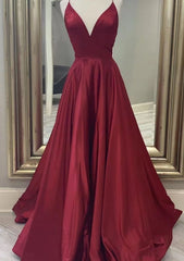 Formal Dresses For 37 Year Olds, A-line V Neck Spaghetti Straps Long/Floor-Length Charmeuse Prom Dress With Pockets