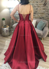 Formal Dresses For Wedding Guests, A-line V Neck Spaghetti Straps Long/Floor-Length Charmeuse Prom Dress With Pockets