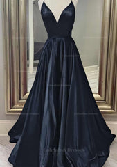 Formal Dress Attire For Wedding, A-line V Neck Spaghetti Straps Long/Floor-Length Charmeuse Prom Dress With Pockets