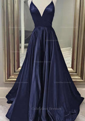 Formal Dress For Wedding Reception, A-line V Neck Spaghetti Straps Long/Floor-Length Charmeuse Prom Dress With Pockets