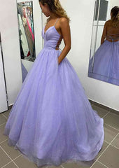 Formal Dresses For Teen, A-line V Neck Spaghetti Straps Long/Floor-Length Glitter Prom Dress With Pockets