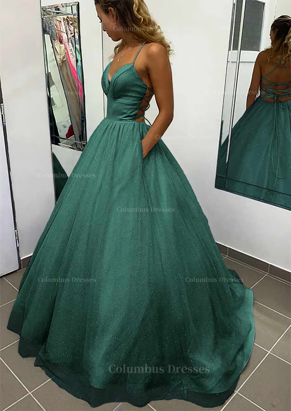Formal Dress For Graduation, A-line V Neck Spaghetti Straps Long/Floor-Length Glitter Prom Dress With Pockets
