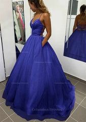 Formal Dresses Floral, A-line V Neck Spaghetti Straps Long/Floor-Length Glitter Prom Dress With Pockets