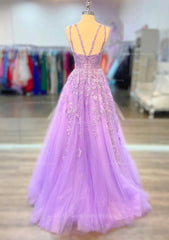 Night Dress, A-line V Neck Spaghetti Straps Long/Floor-Length Lace Prom Dress With Beading