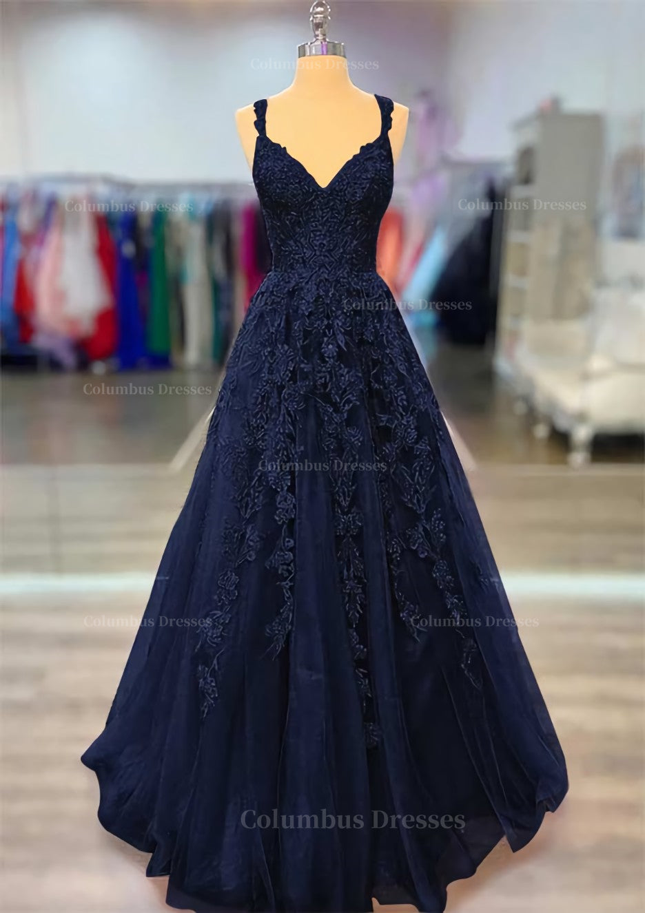 Black Formal Dress, A-line V Neck Spaghetti Straps Long/Floor-Length Lace Prom Dress With Beading