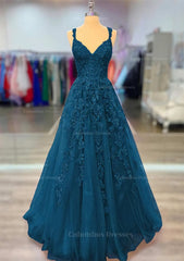 Long Sleeve Prom Dress, A-line V Neck Spaghetti Straps Long/Floor-Length Lace Prom Dress With Beading