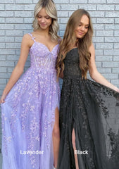 Party Dress Set, A-line V Neck Spaghetti Straps Long/Floor-Length Lace Prom Dress With Split