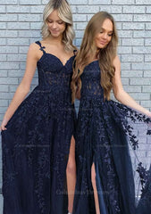 Party Dress Meaning, A-line V Neck Spaghetti Straps Long/Floor-Length Lace Prom Dress With Split