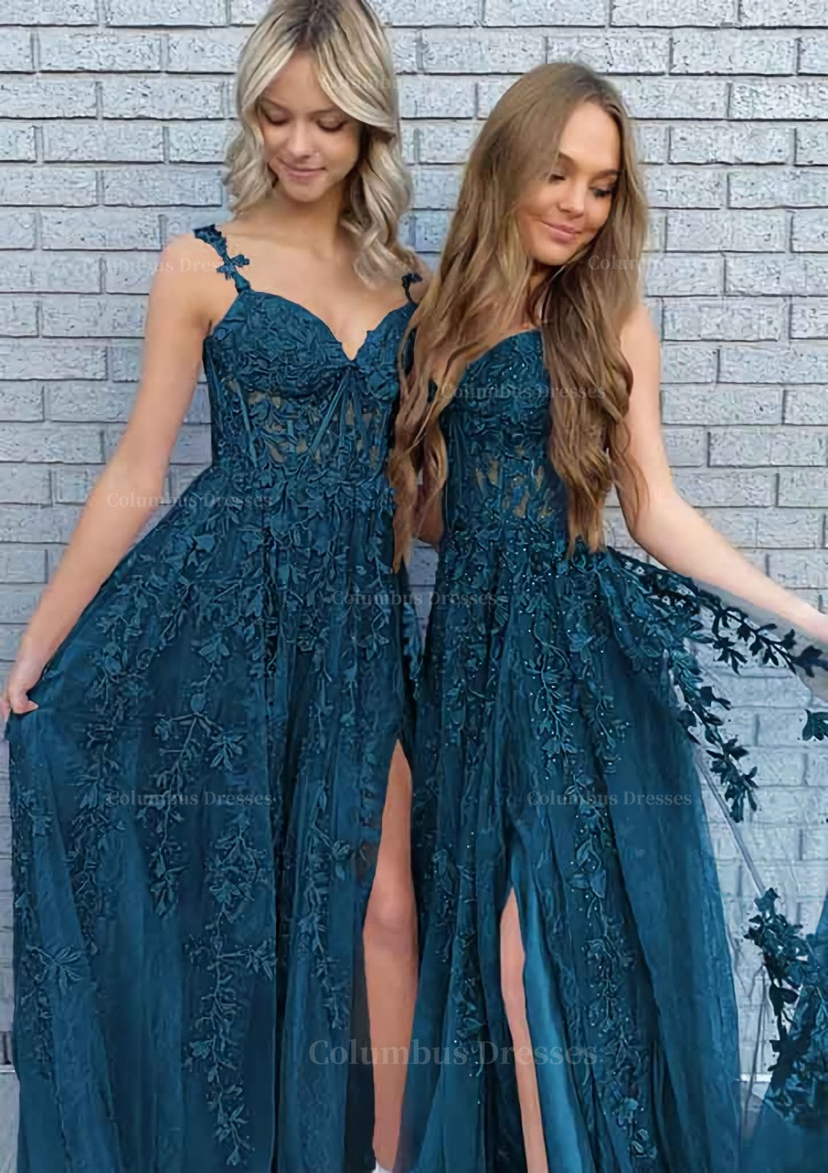 Party Dress Boho, A-line V Neck Spaghetti Straps Long/Floor-Length Lace Prom Dress With Split
