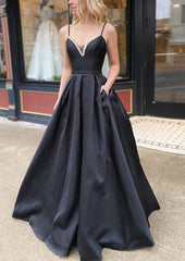Bridesmaid Dress Stylee, A-line V Neck Spaghetti Straps Long/Floor-Length Satin Prom Dress With Beading Pockets