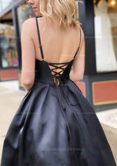 Bridesmaid Dress Style, A-line V Neck Spaghetti Straps Long/Floor-Length Satin Prom Dress With Beading Pockets