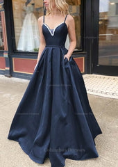 Bridesmaid Dresses Styles, A-line V Neck Spaghetti Straps Long/Floor-Length Satin Prom Dress With Beading Pockets