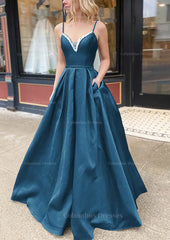 Bridesmaides Dresses Long, A-line V Neck Spaghetti Straps Long/Floor-Length Satin Prom Dress With Beading Pockets
