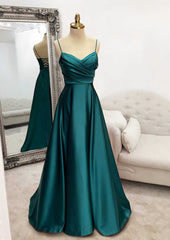 Prom Dresses 2047 Cheap, A-line V Neck Spaghetti Straps Long/Floor-Length Satin Prom Dress With Pleated