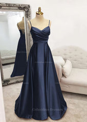Prom Dresses Princess Style, A-line V Neck Spaghetti Straps Long/Floor-Length Satin Prom Dress With Pleated