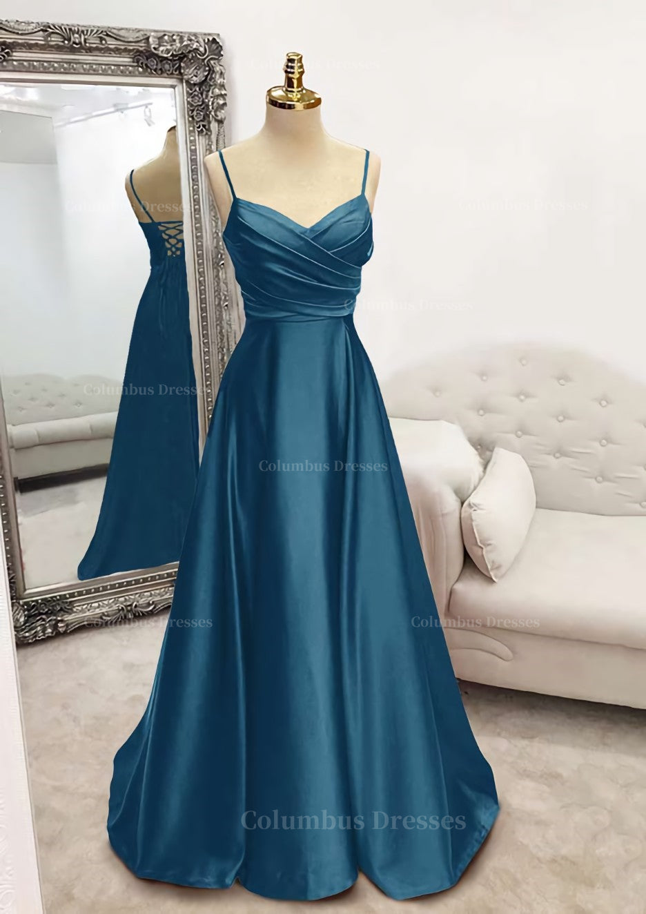 Prom Dress Princess Style, A-line V Neck Spaghetti Straps Long/Floor-Length Satin Prom Dress With Pleated