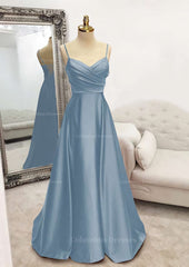 Prom Dresses With Sleeve, A-line V Neck Spaghetti Straps Long/Floor-Length Satin Prom Dress With Pleated