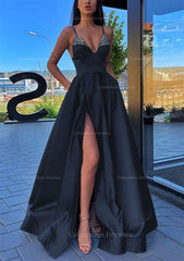 Bridesmaids Dress Red, A-line V Neck Spaghetti Straps Long/Floor-Length Satin Prom Dress With Split Pockets Beading