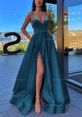 Bridesmaid Dress Red, A-line V Neck Spaghetti Straps Long/Floor-Length Satin Prom Dress With Split Pockets Beading