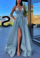 Bridesmaids Dresses Red, A-line V Neck Spaghetti Straps Long/Floor-Length Satin Prom Dress With Split Pockets Beading