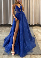 Party Dresses With Boots, A-line V Neck Spaghetti Straps Long/Floor-Length Tulle Prom Dress With Appliqued Glitter Split Left