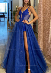 Prom Dress Red, A-line V Neck Spaghetti Straps Long/Floor-Length Tulle Prom Dress With Appliqued Glitter Split Left