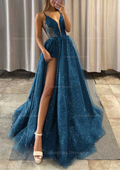 Dress Ideas, A-line V Neck Spaghetti Straps Long/Floor-Length Tulle Prom Dress With Appliqued Glitter Split Left