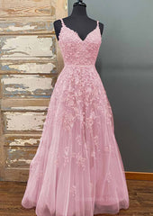 Wedding Photo Ideas, A-line V Neck Spaghetti Straps Long/Floor-Length Tulle Prom Dress With Beading Lace Pockets Sequins