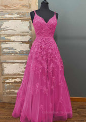 Beach Wedding Dress, A-line V Neck Spaghetti Straps Long/Floor-Length Tulle Prom Dress With Beading Lace Pockets Sequins