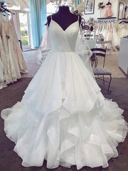 Wedding Dresses Classy, A-line V Neck Spaghetti Straps Puffy White Long Wedding Dresses