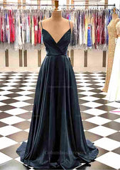 Bridesmaid Dress 2073, A-line V Neck Spaghetti Straps Sweep Train Charmeuse Prom Dress With Pleated
