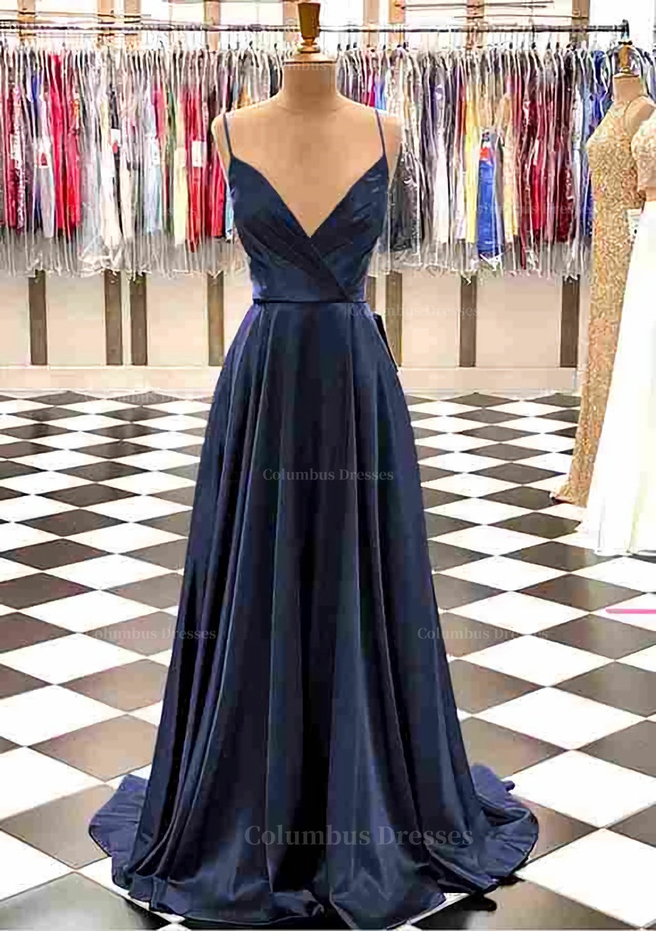 Bridesmaid Dress 2074, A-line V Neck Spaghetti Straps Sweep Train Charmeuse Prom Dress With Pleated