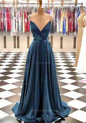 Bridesmaid Dresses Mismatched Colors, A-line V Neck Spaghetti Straps Sweep Train Charmeuse Prom Dress With Pleated