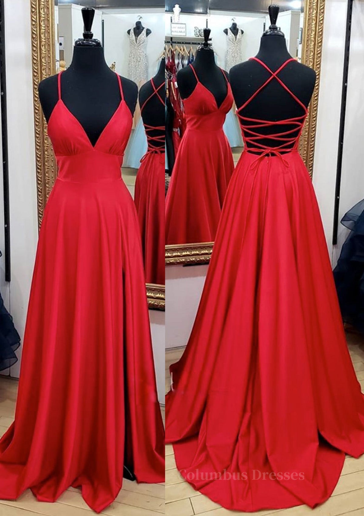 Party Dress Designs, A-line V Neck Spaghetti Straps Sweep Train Charmeuse Prom Dress With Pleated Split