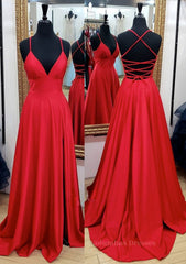 Party Dress Designs, A-line V Neck Spaghetti Straps Sweep Train Charmeuse Prom Dress With Pleated Split