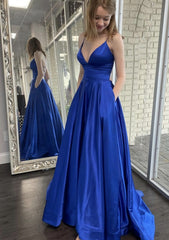 Prom Dress Blue Lace, A-line V Neck Spaghetti Straps Sweep Train Charmeuse Prom Dress With Pockets