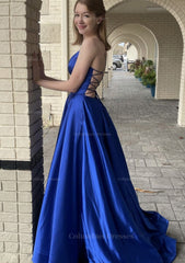 Prom Dresses Light Blue, A-line V Neck Spaghetti Straps Sweep Train Charmeuse Prom Dress With Pockets
