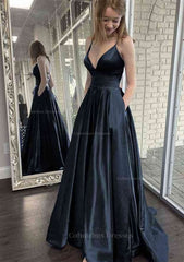Prom Dress Light Blue, A-line V Neck Spaghetti Straps Sweep Train Charmeuse Prom Dress With Pockets