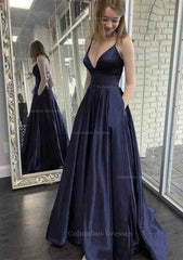 Prom Dress Country, A-line V Neck Spaghetti Straps Sweep Train Charmeuse Prom Dress With Pockets