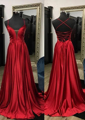 Party Dress Ideas For Curvy Figure, A-line V Neck Spaghetti Straps Sweep Train Charmeuse Prom Dress With Split