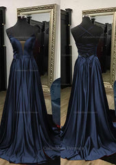 Black Dress Outfit, A-line V Neck Spaghetti Straps Sweep Train Charmeuse Prom Dress With Split
