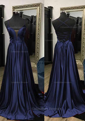 Party Dress For Couple, A-line V Neck Spaghetti Straps Sweep Train Charmeuse Prom Dress With Split