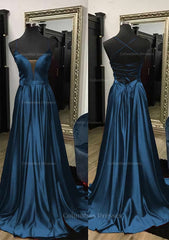 Prom Dress Inspo, A-line V Neck Spaghetti Straps Sweep Train Charmeuse Prom Dress With Split