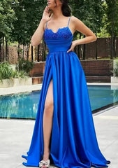 Beauty Dress Design, A-line V Neck Spaghetti Straps Sweep Train Satin Prom Dress With Appliqued Beading Pleated Split