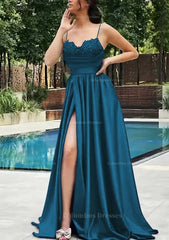 Ballgown, A-line V Neck Spaghetti Straps Sweep Train Satin Prom Dress With Appliqued Beading Pleated Split
