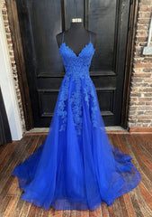 Evening Dress Yde, A-line V Neck Spaghetti Straps Sweep Train Tulle Prom Dress With Appliqued